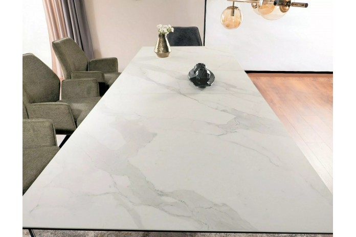 Table céramique blanc Statuario Venato effet marbre pieds MDF Noyer 200(rallonge 250)x98x76 cm - NOARA