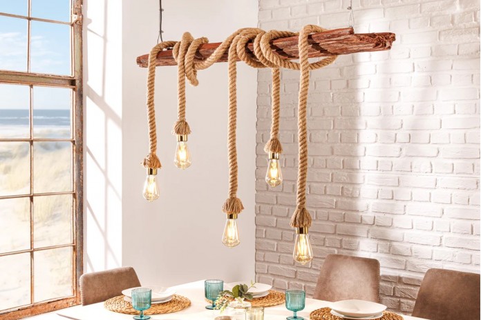 Lampe suspendue en corde et bois d'acacia recyclé naturel 110 cm CORDELIA