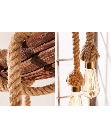 Lampe suspendue en corde et bois d'acacia recyclé naturel 110 cm CORDELIA