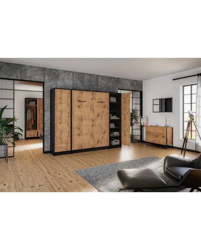 Armoire lit escamotable relevable vertical 120x200 cm chêne lancelot et noir Premium