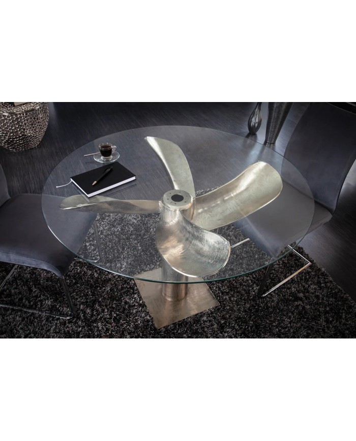 Table  plateau verre trempé 8 mm Socle hélice  TURBINE