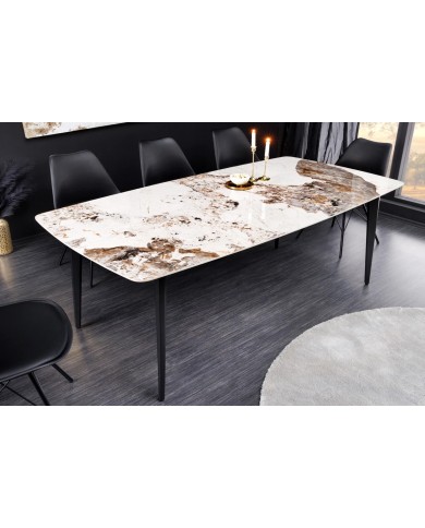 Table à manger 180 cm avec plateau céramique aspect Pierre naturelle claire et pieds métal noir NEROLINE