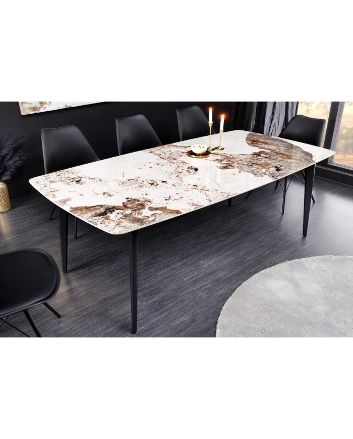 Table à manger 180 cm avec plateau céramique aspect Pierre naturelle claire et pieds métal noir NEROLINE