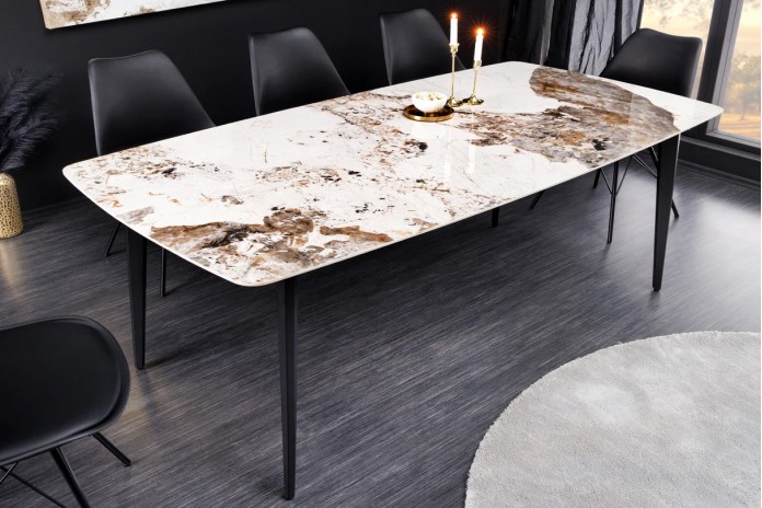 Table à manger 180 cm avec plateau céramique aspect Pierre naturelle claire et pieds métal noir NEROLINE