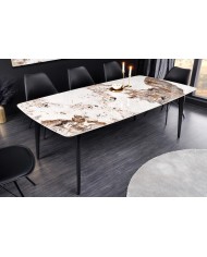 Table à manger 180 cm avec plateau céramique aspect Pierre naturelle claire et pieds métal noir NEROLINE