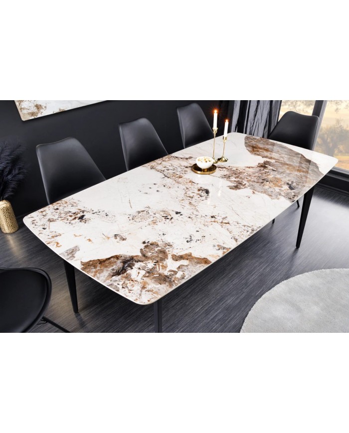 Table à manger 180 cm avec plateau céramique aspect Pierre naturelle claire et pieds métal noir NEROLINE