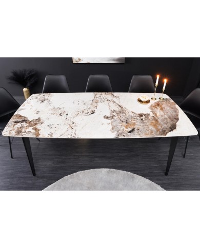 Table à manger 180 cm avec plateau céramique aspect Pierre naturelle claire et pieds métal noir NEROLINE