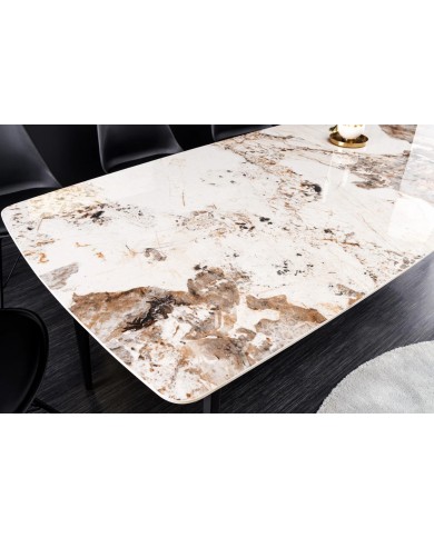 Table à manger 180 cm avec plateau céramique aspect Pierre naturelle claire et pieds métal noir NEROLINE