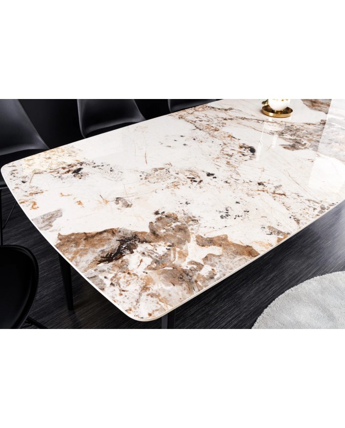 Table à manger 180 cm avec plateau céramique aspect Pierre naturelle claire et pieds métal noir NEROLINE