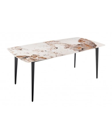 Table à manger 180 cm avec plateau céramique aspect Pierre naturelle claire et pieds métal noir NEROLINE
