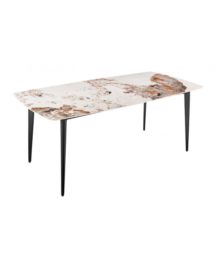 Table à manger 180 cm avec plateau céramique aspect Pierre naturelle claire et pieds métal noir NEROLINE