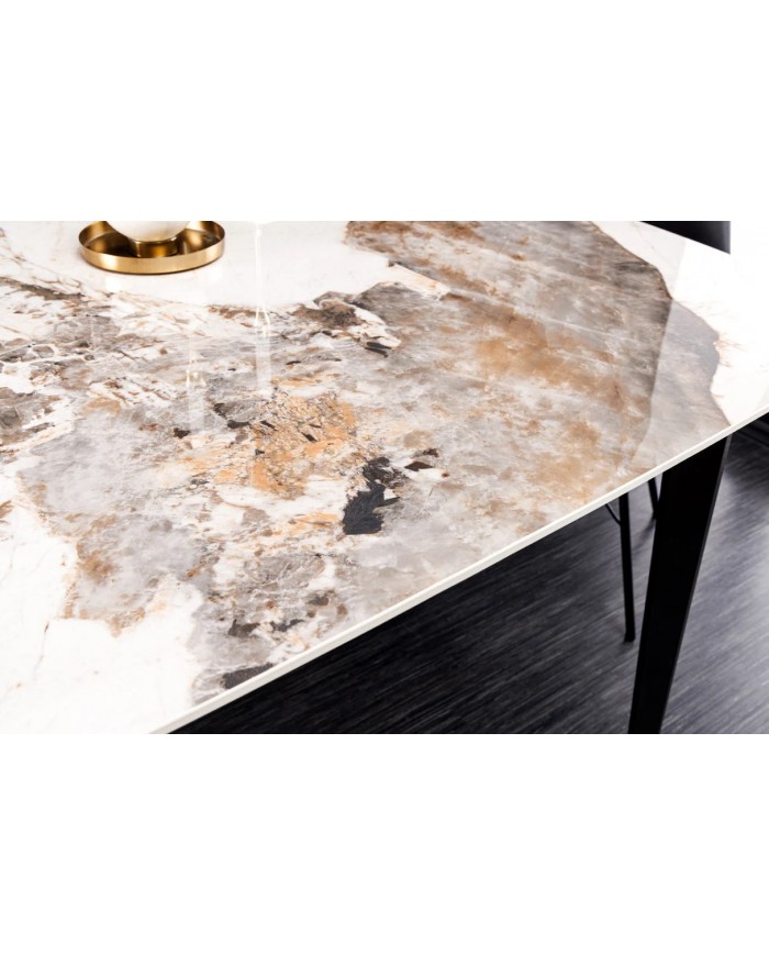 Table à manger 180 cm avec plateau céramique aspect Pierre naturelle claire et pieds métal noir NEROLINE