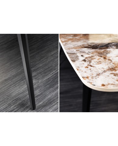 Table à manger 180 cm avec plateau céramique aspect Pierre naturelle claire et pieds métal noir NEROLINE