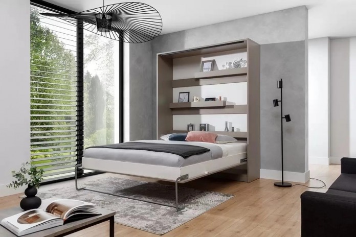 Armoire lit escamotable relevable vertical 120x200 cm taupe Premium