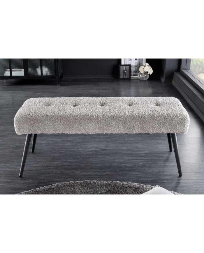 Banc 100 cm bouclé champagne grège pieds métal noir BOUNTY