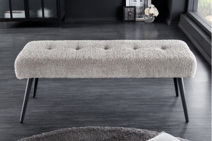 Banc 100 cm bouclé champagne grège pieds métal noir BOUNTY