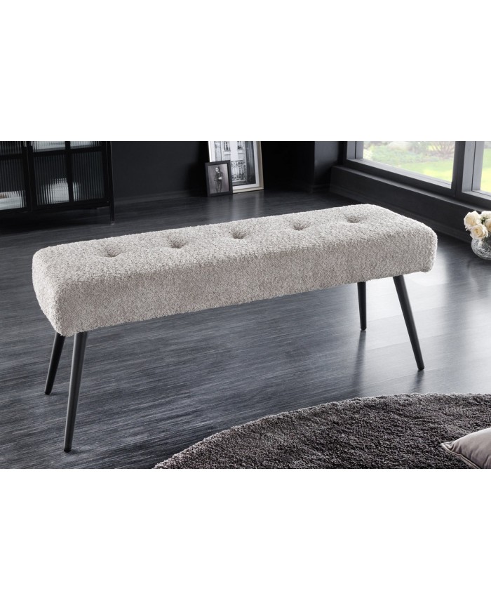 Banc 100 cm bouclé champagne grège pieds métal noir BOUNTY