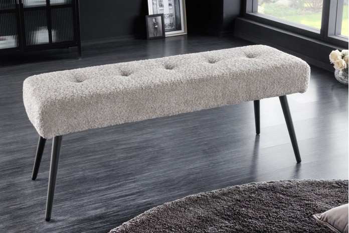 Banc 100 cm bouclé champagne grège pieds métal noir BOUNTY