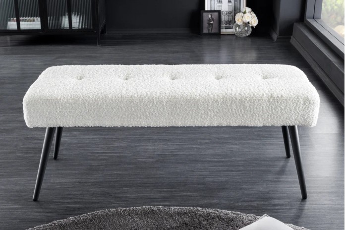 Banc 100 cm bouclé blanc pieds métal noir BOUNTY