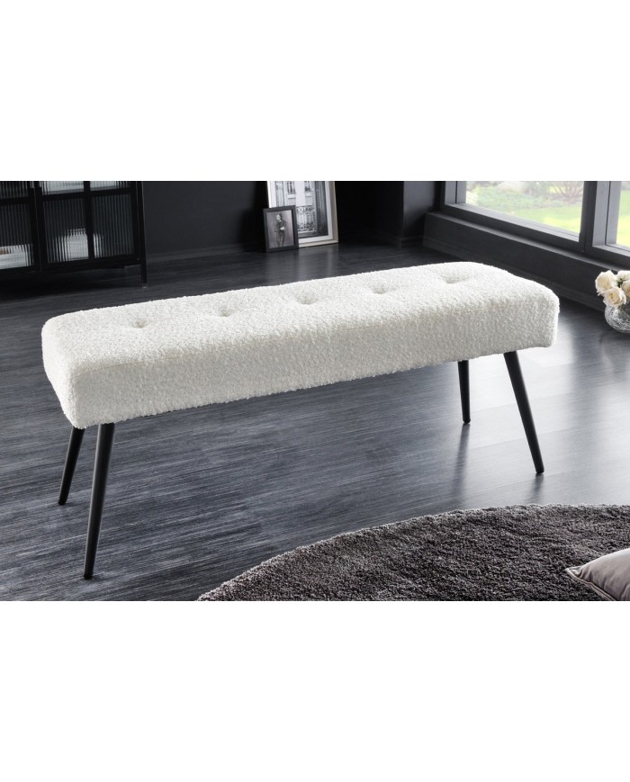 Banc 100 cm bouclé blanc pieds métal noir BOUNTY