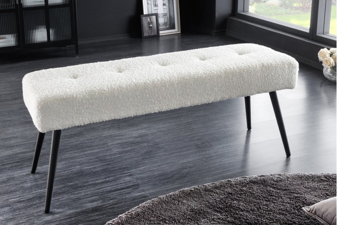 Banc 100 cm bouclé blanc pieds métal noir BOUNTY