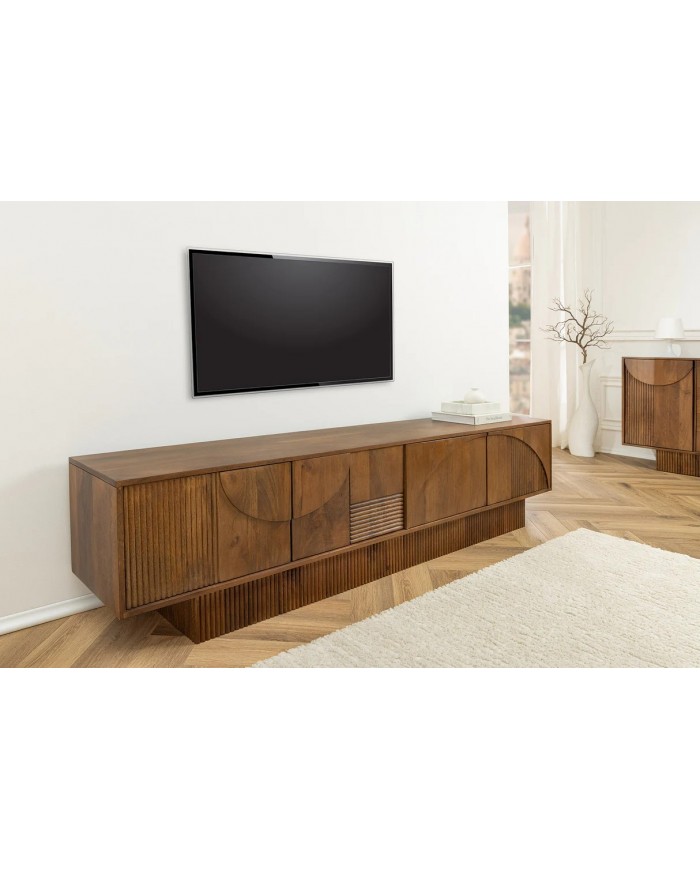Meuble TV 4 portes 200 cm en reliefs 3D en bois de manguier aspect marron fumé NEOFORMA