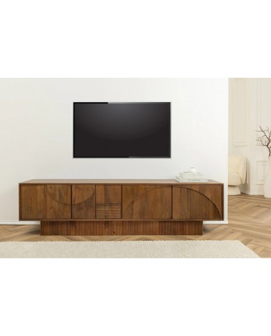 Meuble TV 4 portes 200 cm en reliefs 3D en bois de manguier aspect marron fumé NEOFORMA