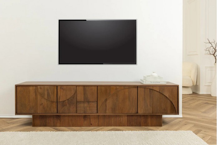 Meuble TV 4 portes 200 cm en reliefs 3D en bois de manguier aspect marron fumé NEOFORMA