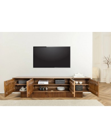 Meuble TV 4 portes 200 cm en reliefs 3D en bois de manguier aspect marron fumé NEOFORMA