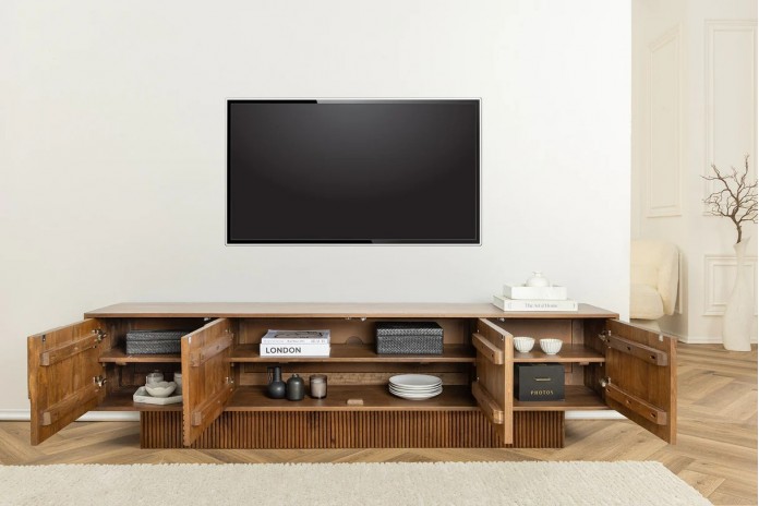 Meuble TV 4 portes 200 cm en reliefs 3D en bois de manguier aspect marron fumé NEOFORMA