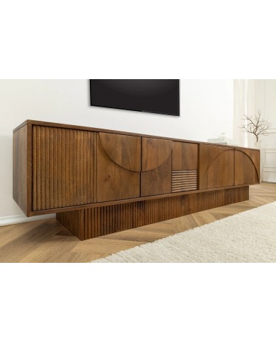Meuble TV 4 portes 200 cm en reliefs 3D en bois de manguier aspect marron fumé NEOFORMA
