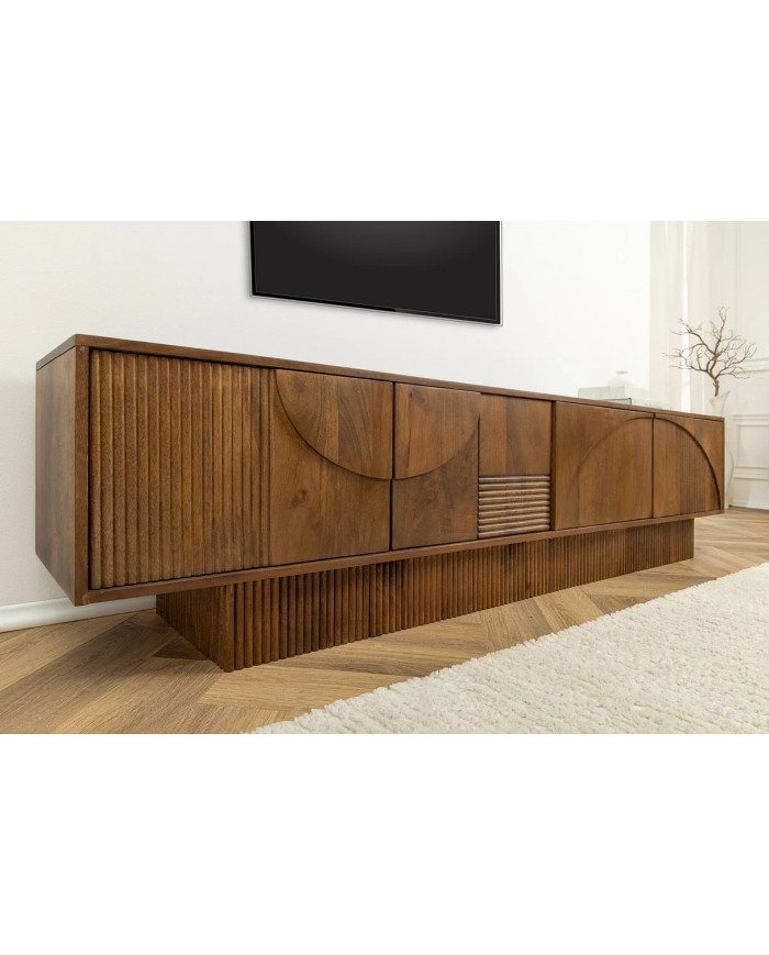 Meuble TV 4 portes 200 cm en reliefs 3D en bois de manguier aspect marron fumé NEOFORMA