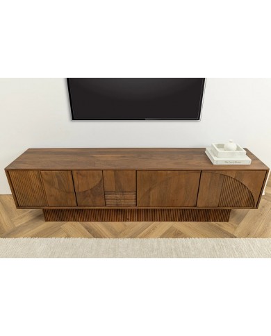 Meuble TV 4 portes 200 cm en reliefs 3D en bois de manguier aspect marron fumé NEOFORMA