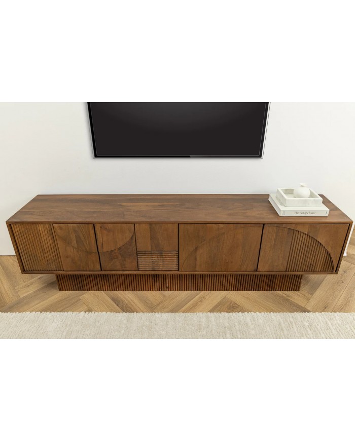Meuble TV 4 portes 200 cm en reliefs 3D en bois de manguier aspect marron fumé NEOFORMA