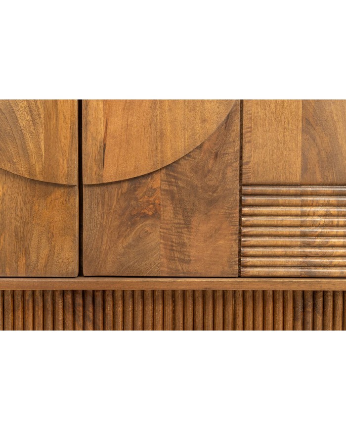 Meuble TV 4 portes 200 cm en reliefs 3D en bois de manguier aspect marron fumé NEOFORMA