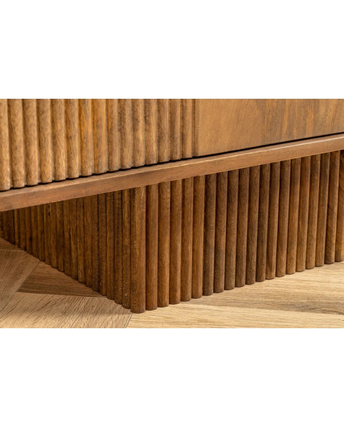 Meuble TV 4 portes 200 cm en reliefs 3D en bois de manguier aspect marron fumé NEOFORMA