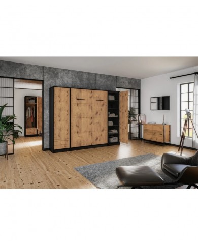 Armoire lit escamotable relevable vertical 90x200 cm chêne lancelot et noir Premium
