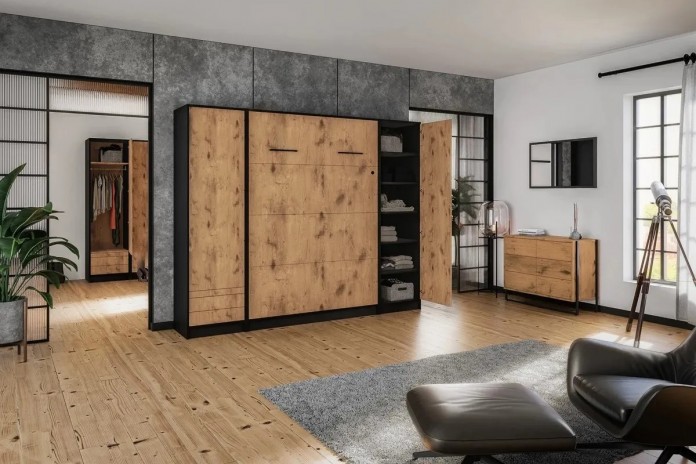 Armoire lit escamotable relevable vertical 90x200 cm chêne lancelot et noir Premium