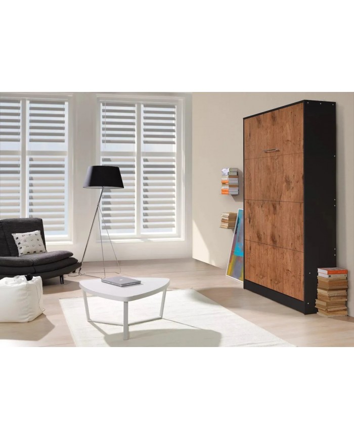 Armoire lit escamotable relevable vertical 90x200 cm chêne lancelot et noir Premium