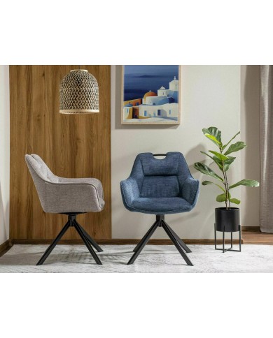 Chaise rembourrée pivotante en tissu avec poignée et pieds métal Remi