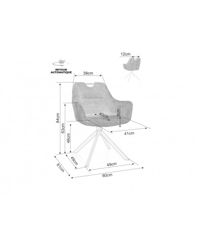 Chaise rembourrée pivotante en tissu avec poignée et pieds métal Remi