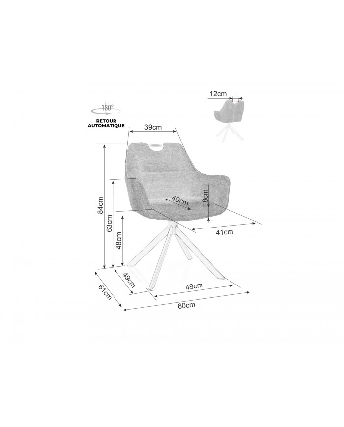 Chaise rembourrée pivotante en tissu avec poignée et pieds métal Remi