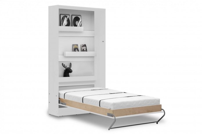Armoire lit escamotable relevable vertical 90x200 cm blanc brillant Premium