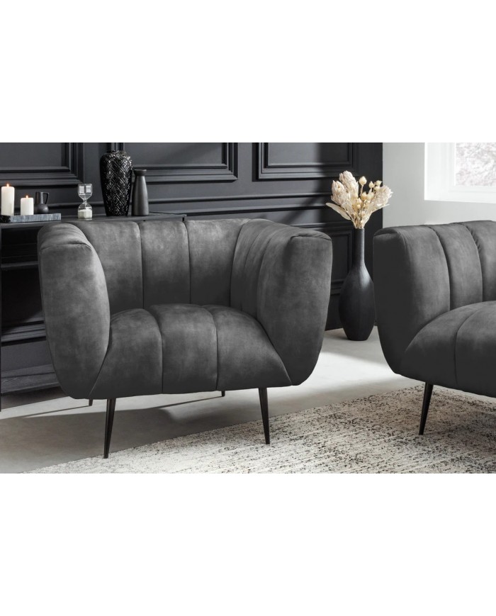 Fauteuil ultra Design rembourré velours gris et pieds noirs Noble