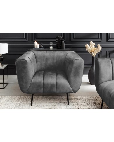 Fauteuil ultra Design rembourré velours gris et pieds noirs Noble