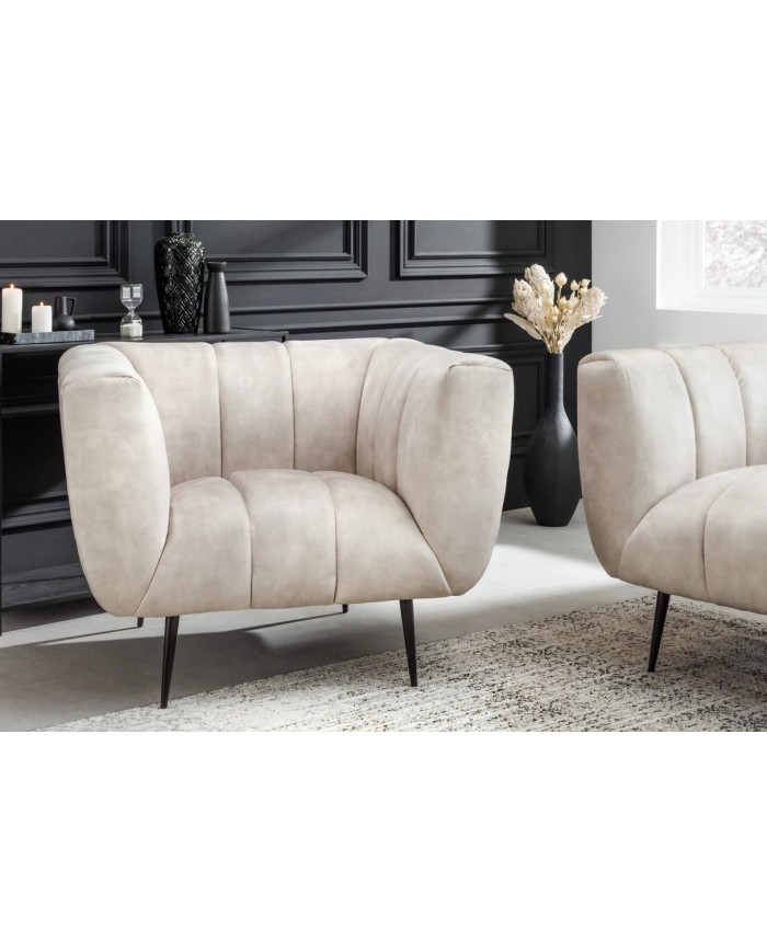 Fauteuil ultra Design rembourré velours velvet champagne et pieds noirs Noble