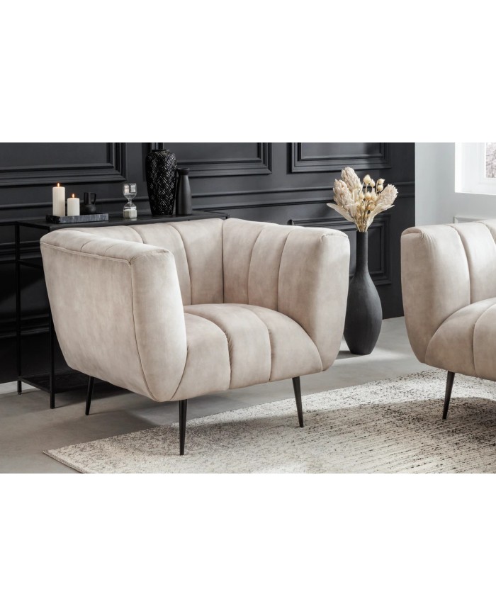 Fauteuil ultra Design rembourré velours velvet champagne et pieds noirs Noble