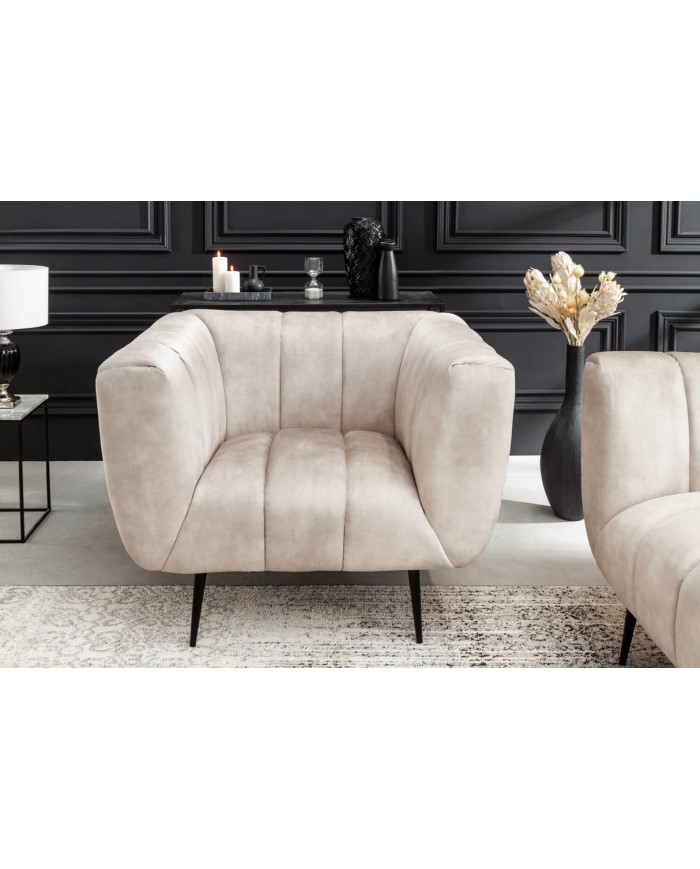 Fauteuil ultra Design rembourré velours velvet champagne et pieds noirs Noble