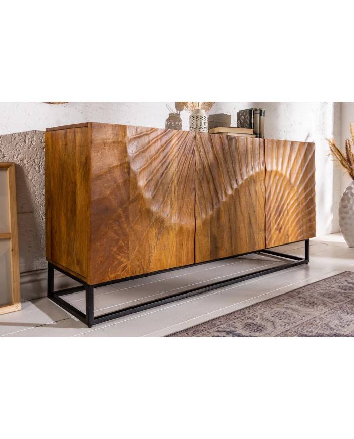 Buffet en bois massif avec reliefs 3D manguier marron et pieds en métal noir 140 cm Scorpion