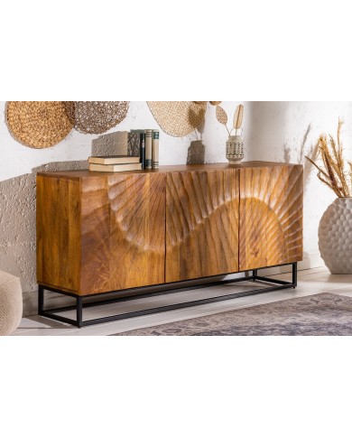 Buffet en bois massif avec reliefs 3D manguier marron et pieds en métal noir 140 cm Scorpion